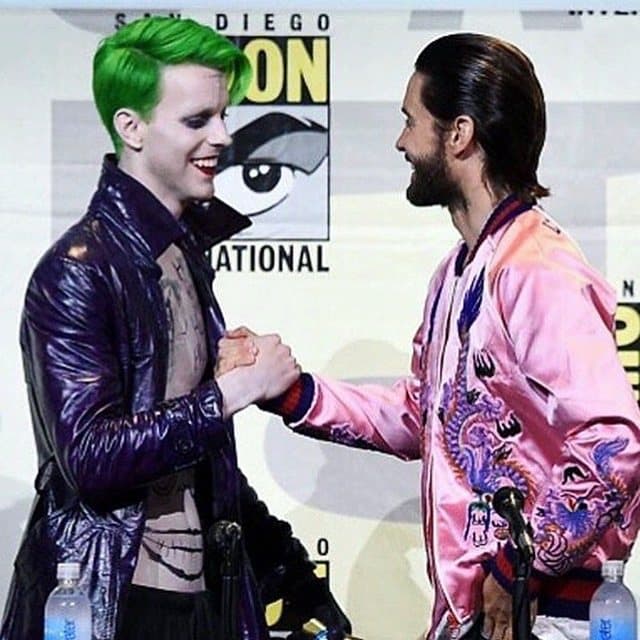 Fox as the Joker meeting Jared Leto on stage at San Diego Comic-Con