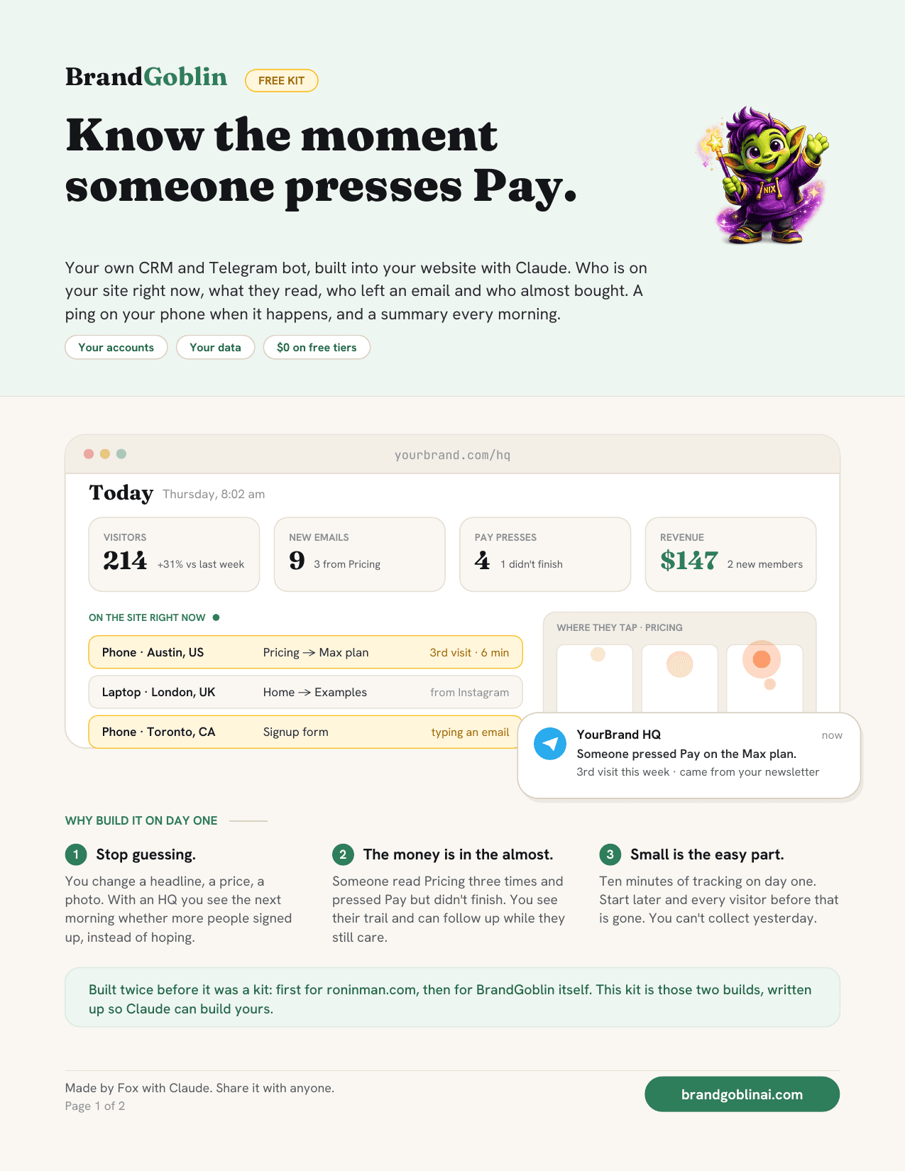 The CRM + Telegram bot kit guide, page one